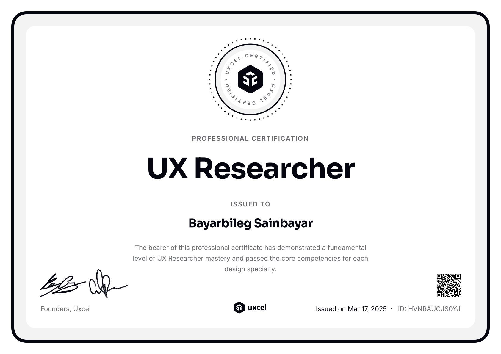 Bayarbileg Sainbayar's certificate